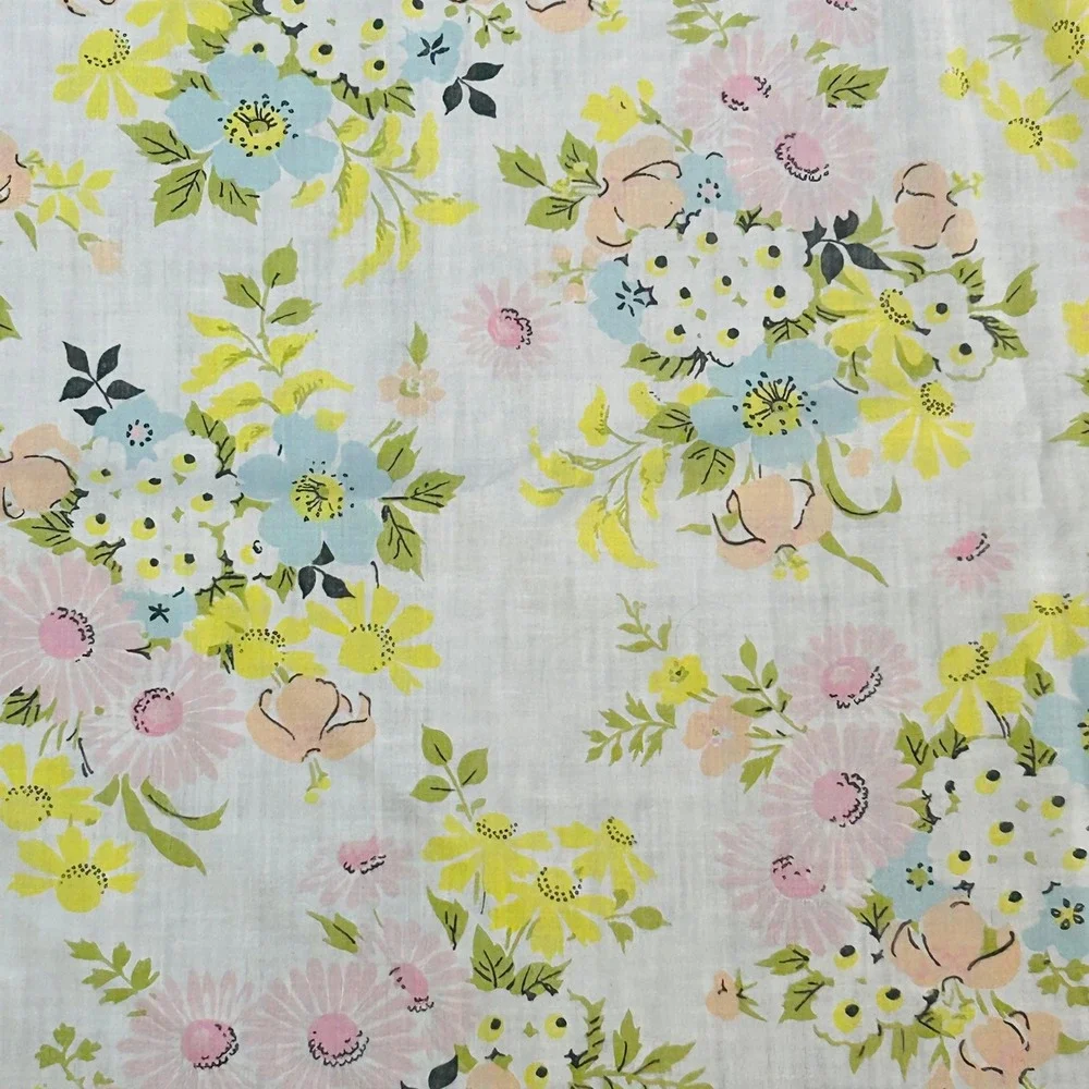 Vintage 70s Floral Fabric Sheet Pastel Daisy Pink Blue Yellow 101x74 Cottagecore